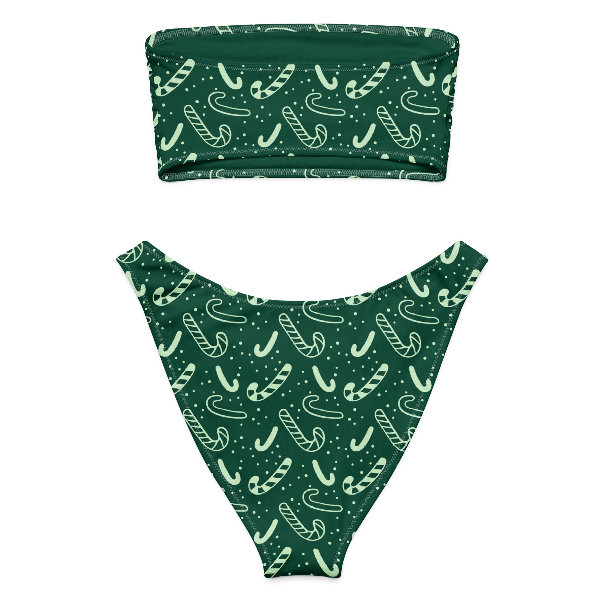 Women's Green Candy Cane Christmas Recycled Bandeau Bikini - Quick Drying Fabric With UPF 50+