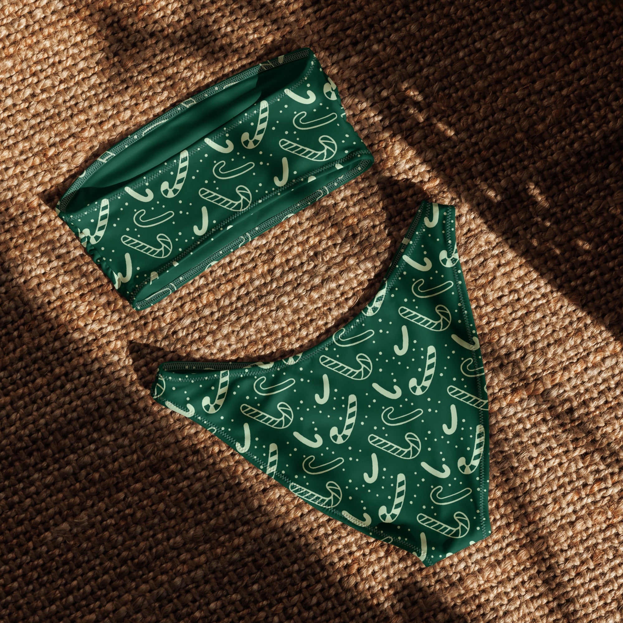 Women's Green Candy Cane Christmas Recycled Bandeau Bikini - Quick Drying Fabric With UPF 50+