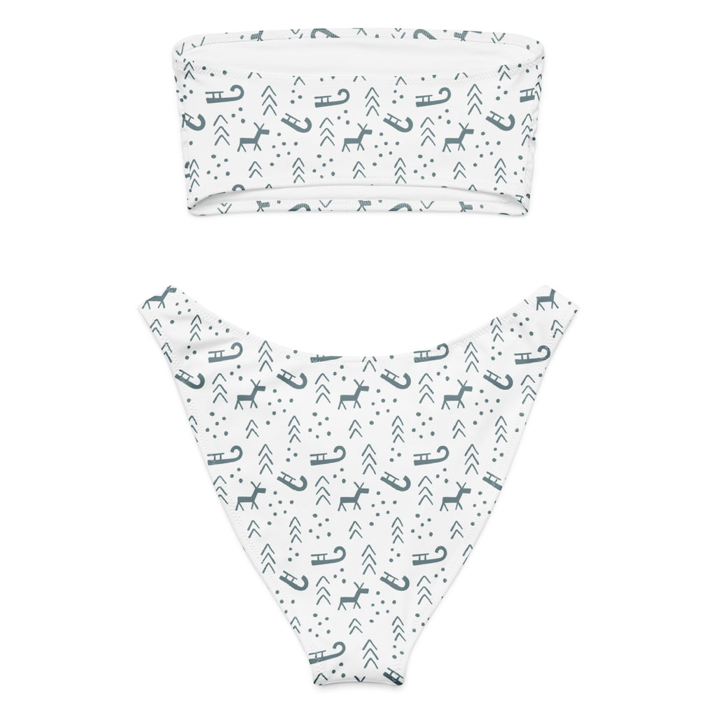 Women’s white minimalist reindeer christmas recycled bandeau bikini set with dark gray deer pattern and upf 50+ quick drying fabric