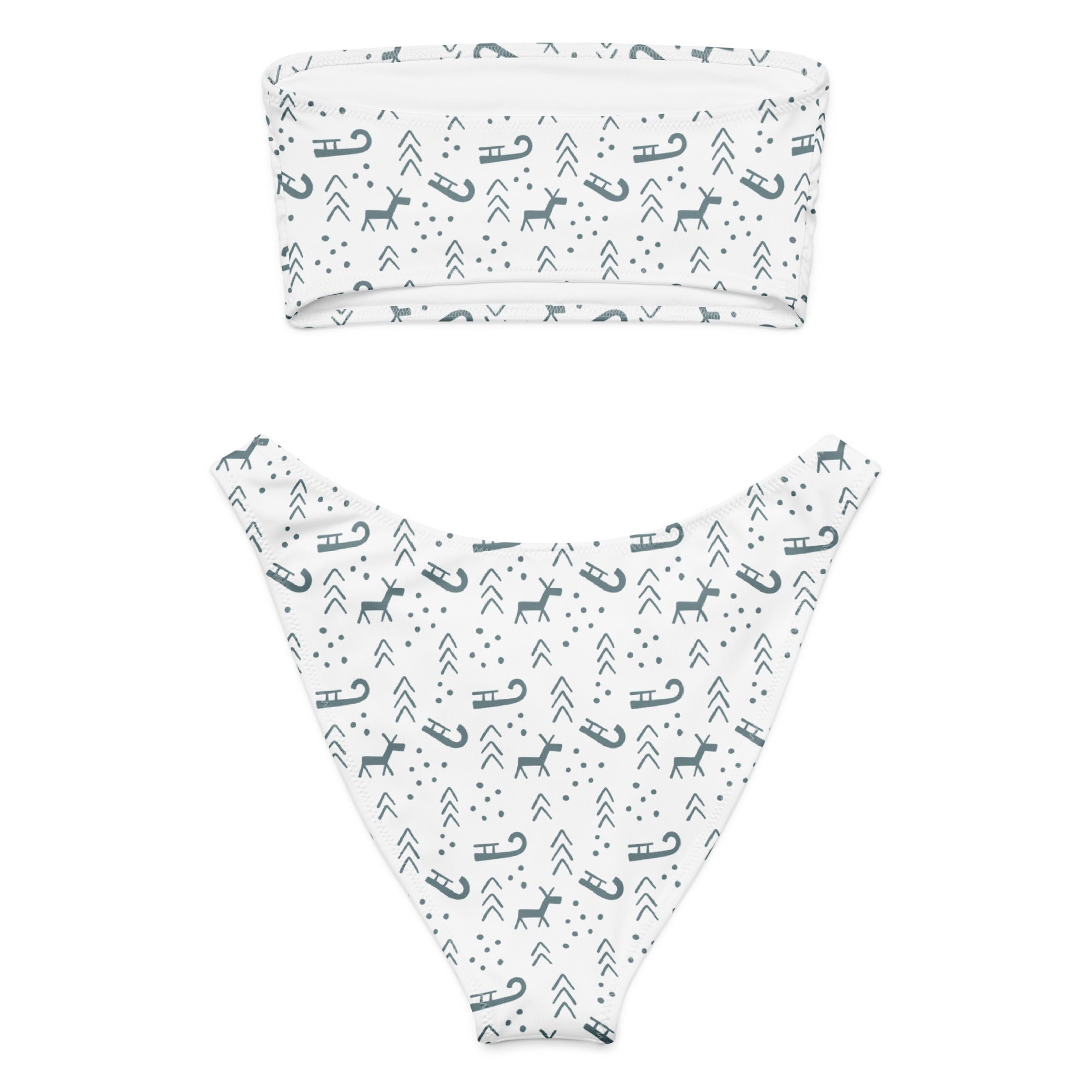 Women’s white minimalist reindeer christmas recycled bandeau bikini set with dark gray deer pattern and upf 50+ quick drying fabric