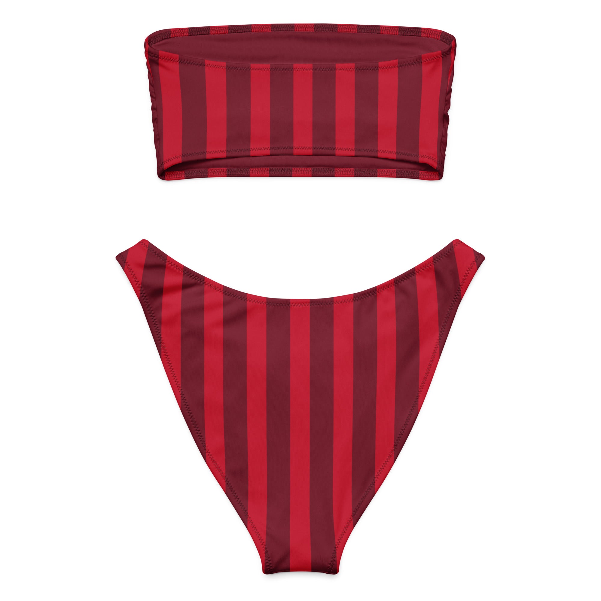 Women's Red Vertical Stripe Recycled Bandeau Bikini - Quick Drying Fabric With UPF 50+