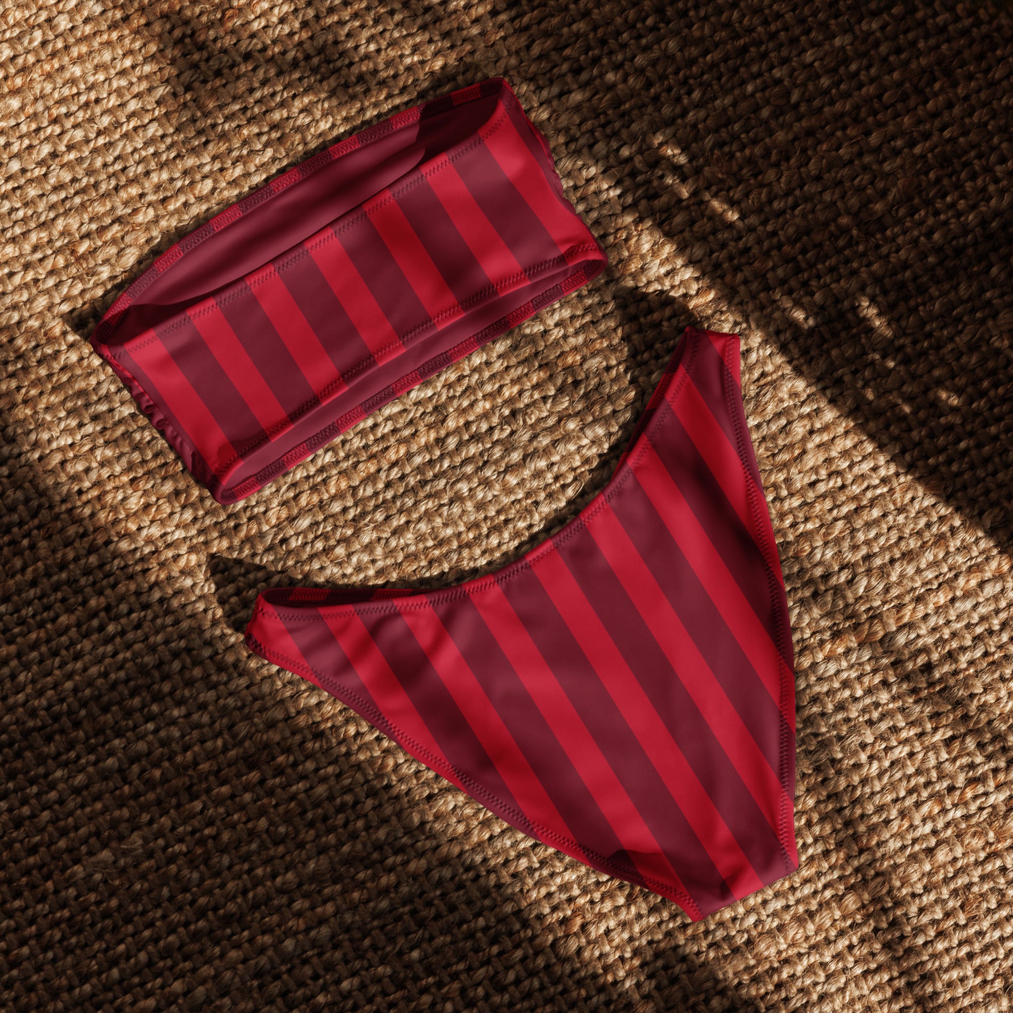 Women's Red Vertical Stripe Recycled Bandeau Bikini - Quick Drying Fabric With UPF 50+