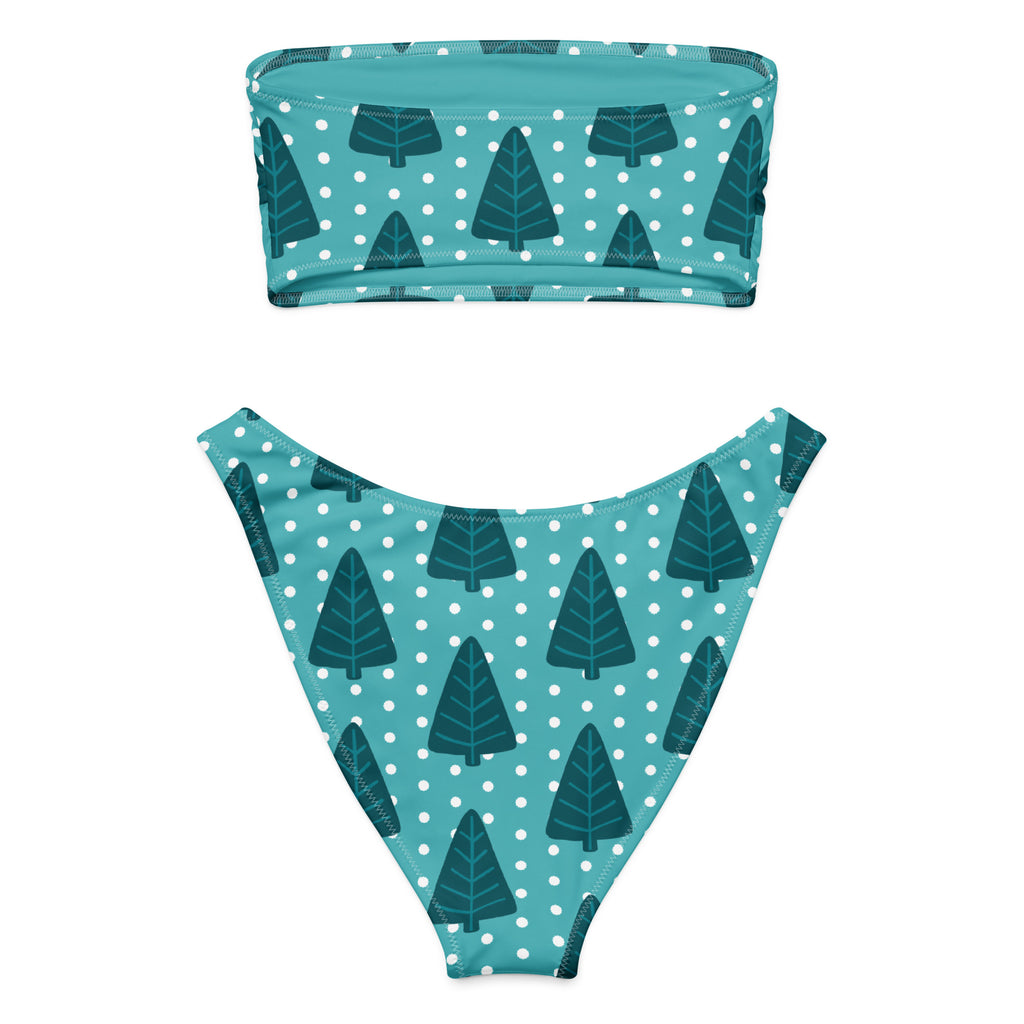 Women's Teal Christmas Tree Recycled Bandeau Bikini - Quick Drying Fabric With UPF 50+