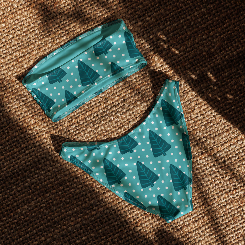 Women's Teal Christmas Tree Recycled Bandeau Bikini - Quick Drying Fabric With UPF 50+