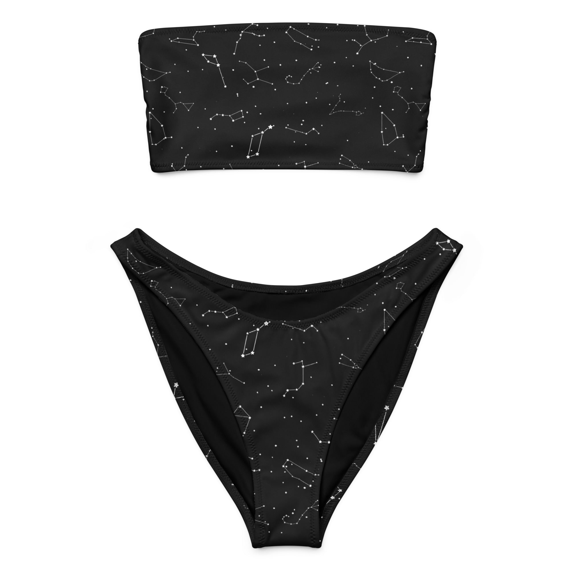 Women’s black bandeau bikini set with white constellation pattern made from quick drying recycled fabric with upf 50+
