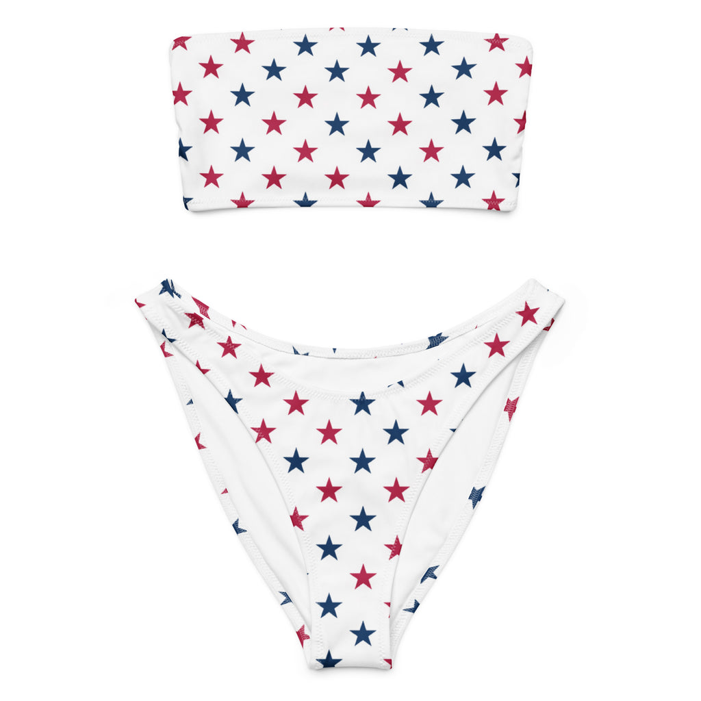 Women’s white bandeau bikini set with red and navy blue stars made from quick drying recycled fabric with upf 50+