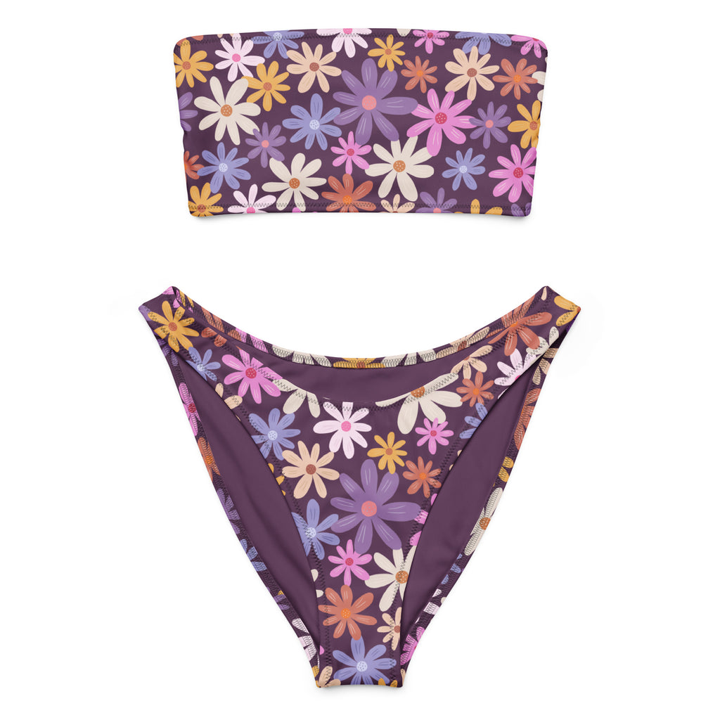 Women’s retro daisy floral recycled bandeau bikini set in dark purple with colorful daisies quick drying fabric upf 50+