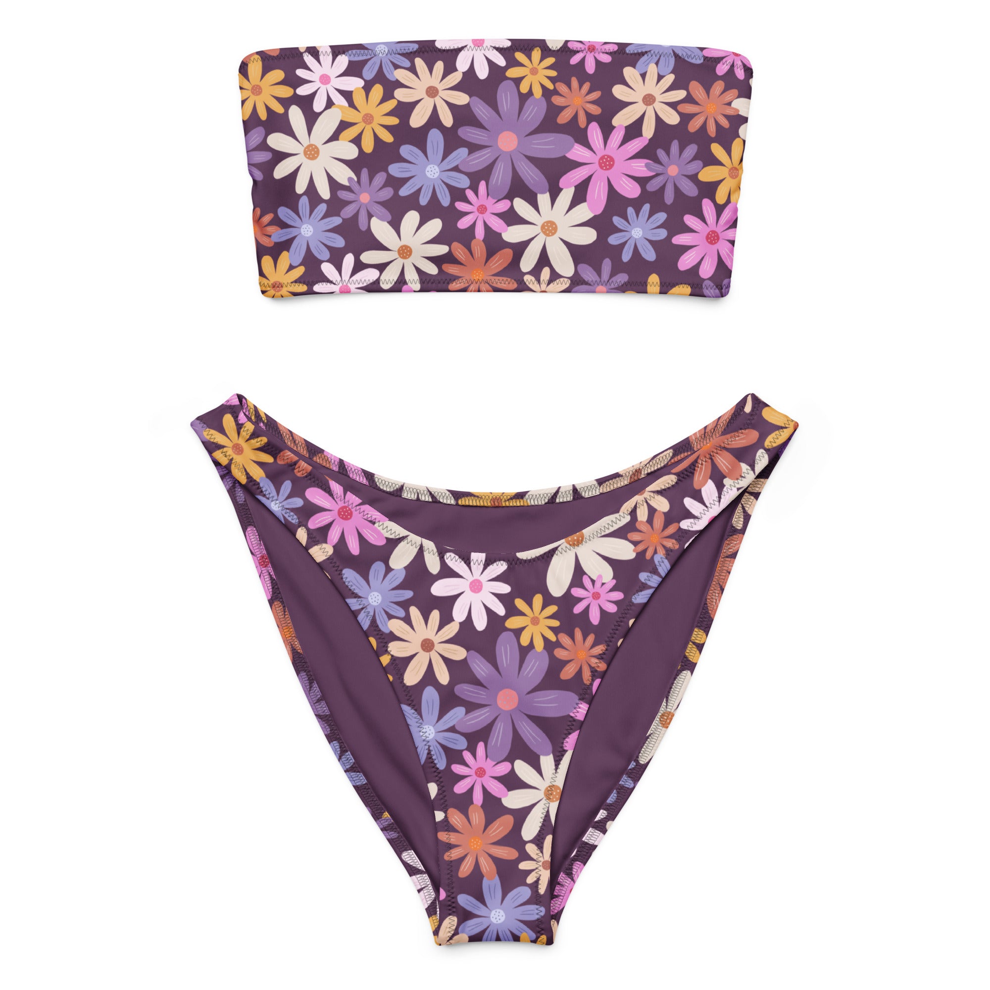 Women’s retro daisy floral recycled bandeau bikini set in dark purple with colorful daisies quick drying fabric upf 50+