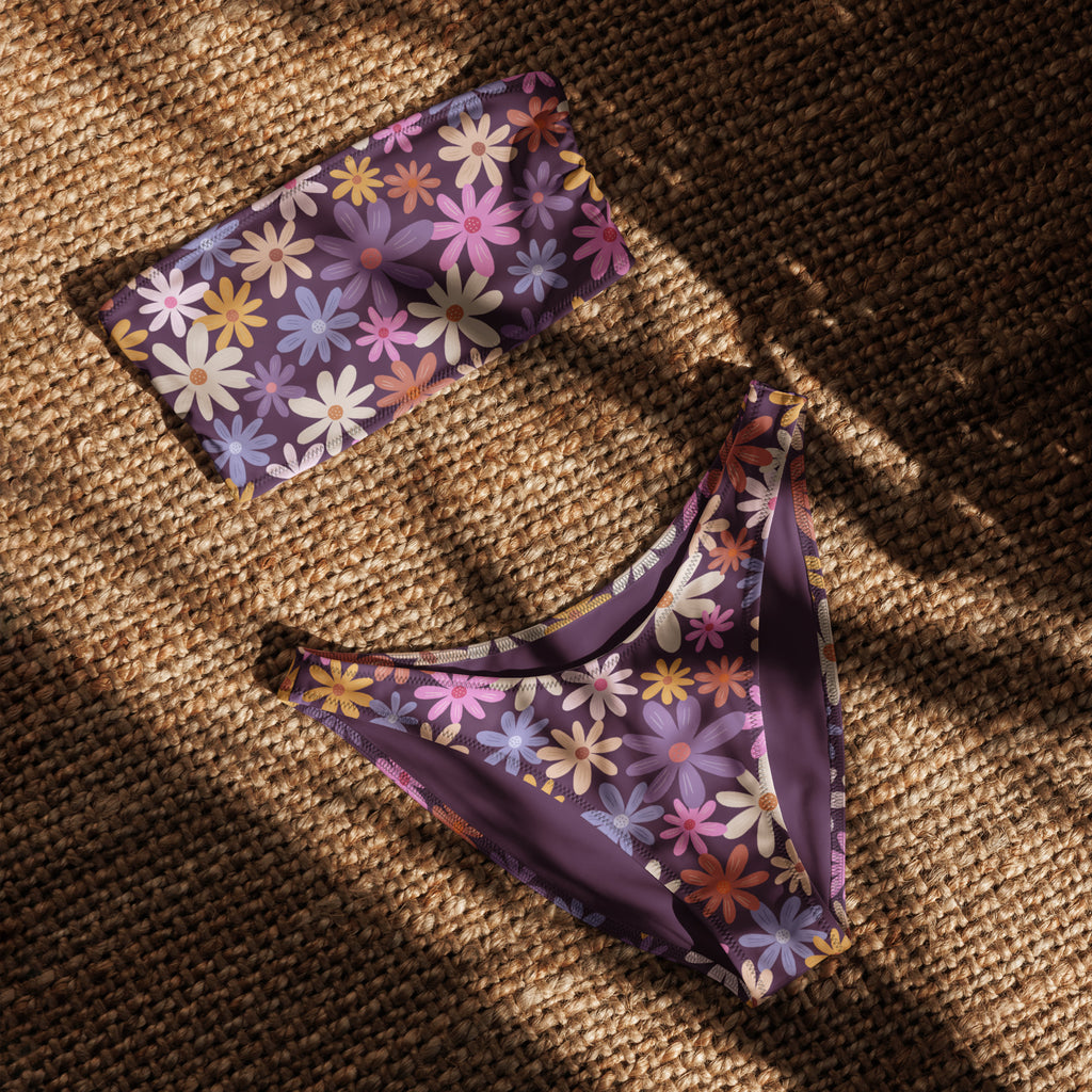 Women’s retro daisy floral recycled bandeau bikini set in purple with multicolored daisies quick drying fabric upf 50+