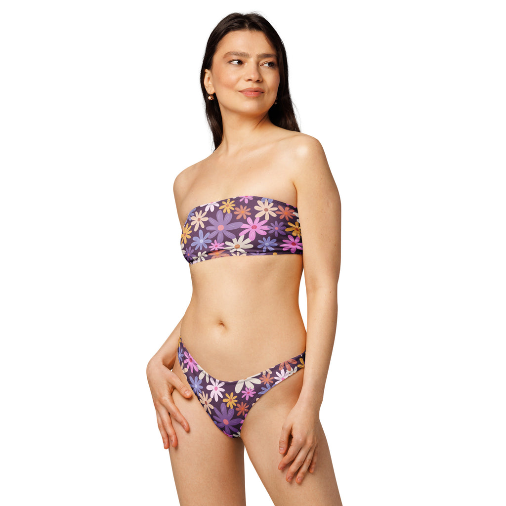Women’s retro daisy floral recycled purple strapless bikini set with multicolored daisies quick drying fabric upf 50+