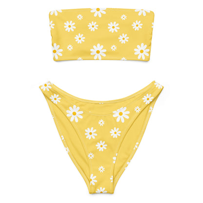 Women's Yellow Daisy Recycled Bandeau Bikini - Quick Drying Fabric With UPF 50+