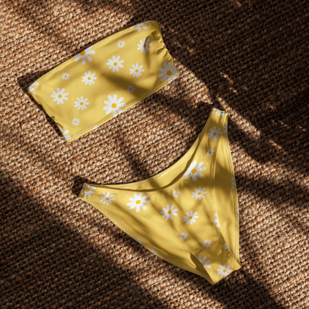 Women's Yellow Daisy Recycled Bandeau Bikini - Quick Drying Fabric With UPF 50+