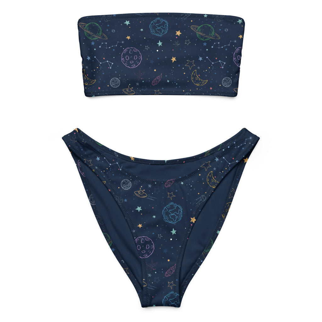 Navy blue strapless bandeau bikini with pastel celestial print made from quick drying recycled fabric with upf 50+