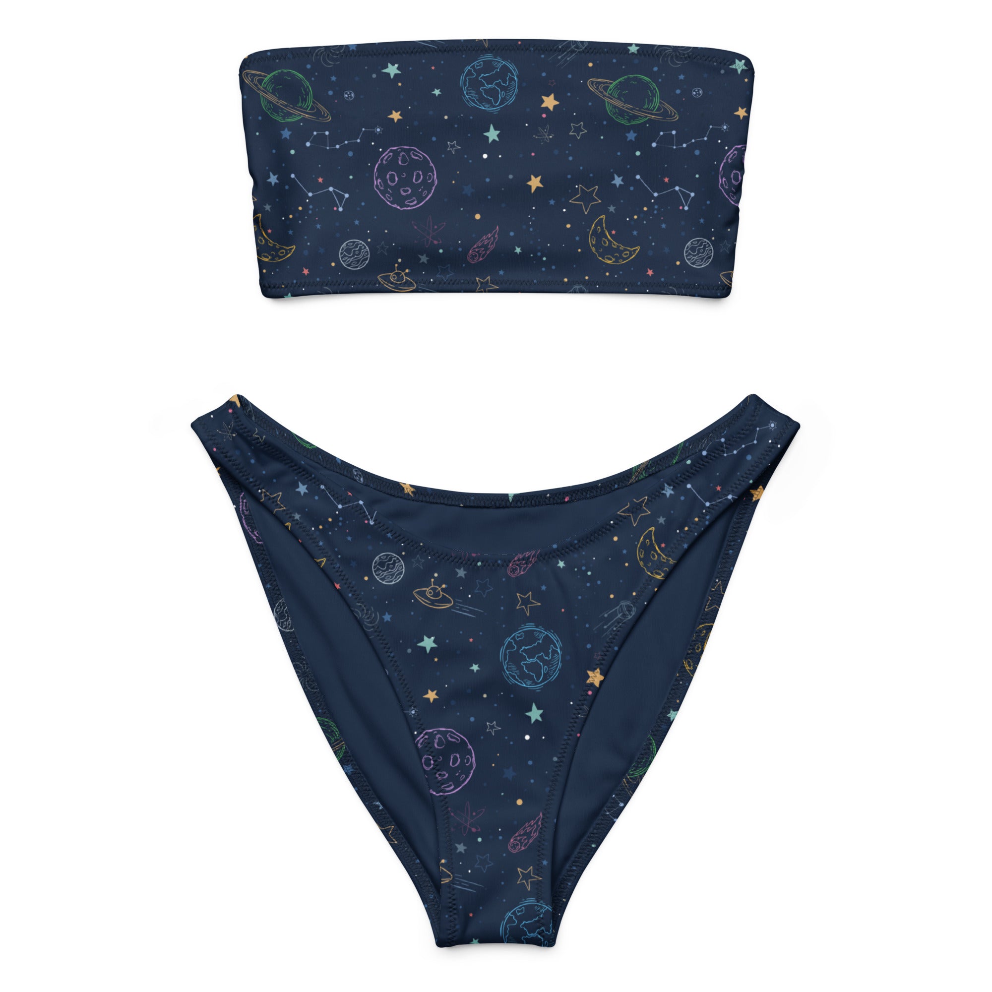 Navy blue strapless bandeau bikini with pastel celestial print made from quick drying recycled fabric with upf 50+