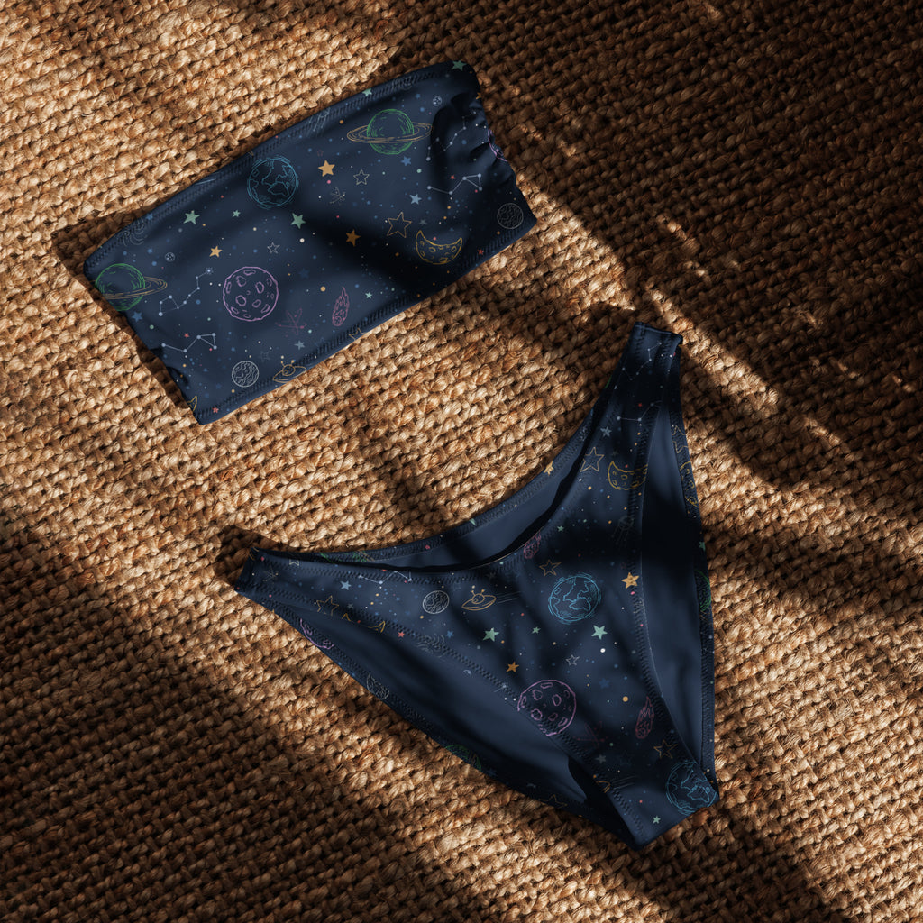 Dark blue celestial-themed women’s recycled bandeau bikini with embroidered planets stars quick drying fabric upf 50+