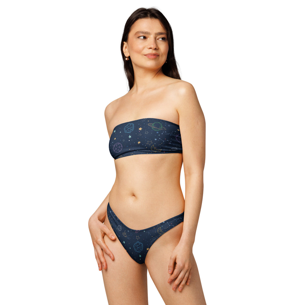 Women’s navy blue strapless bandeau bikini with celestial gold foil print made from quick drying recycled fabric upf 50+