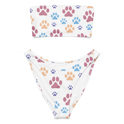 Women's Colorful Paw Prints Recycled Bandeau Bikini - Quick Drying Fabric With UPF 50+
