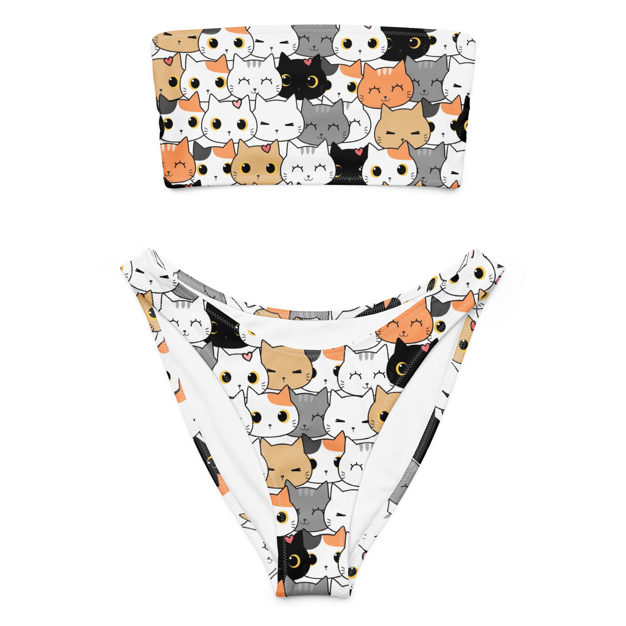 Women's Cat Face Recycled Bandeau Bikini - Quick Drying Fabric With UPF 50+