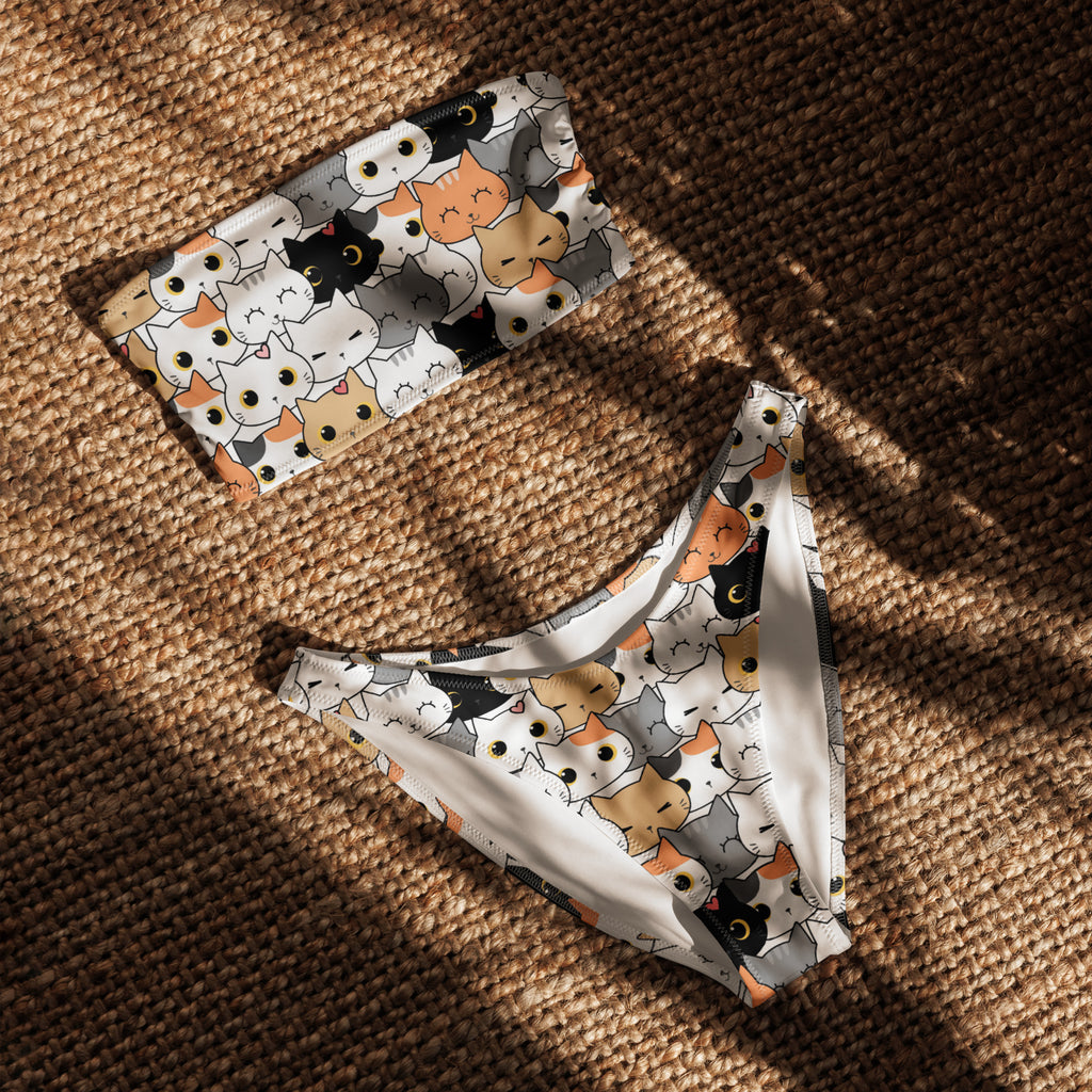 Women's Cat Face Recycled Bandeau Bikini - Quick Drying Fabric With UPF 50+
