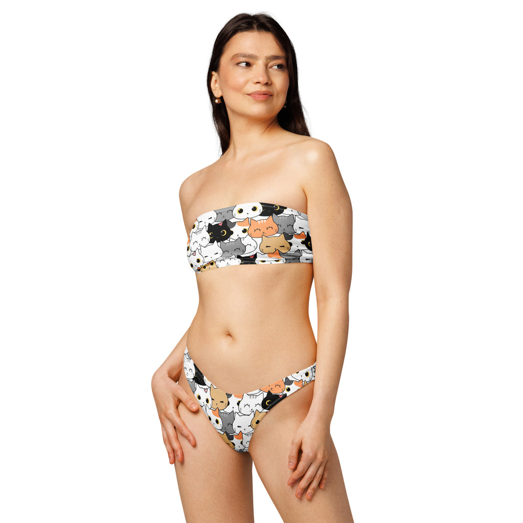 Women's Cat Face Recycled Bandeau Bikini - Quick Drying Fabric With UPF 50+