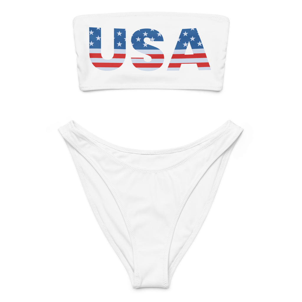 Women’s usa recycled white bandeau bikini with flag design and matching high-cut bottoms in quick drying fabric with upf 50+