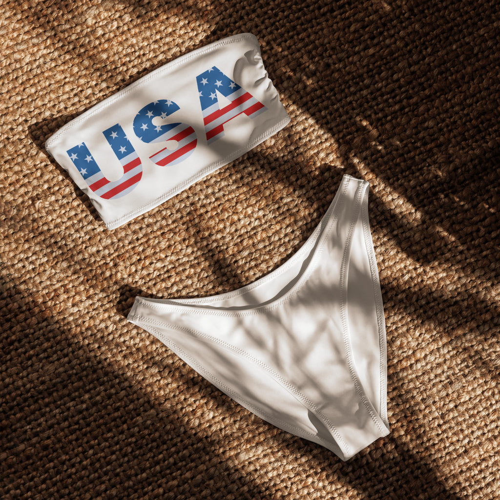 Women’s usa recycled bandeau bikini in white with flag design quick drying fabric and upf 50 plus protection