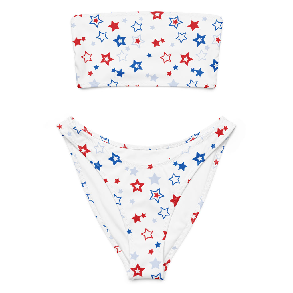 White bandeau bikini set with red blue and silver stars made from quick drying recycled fabric with upf 50 plus protection