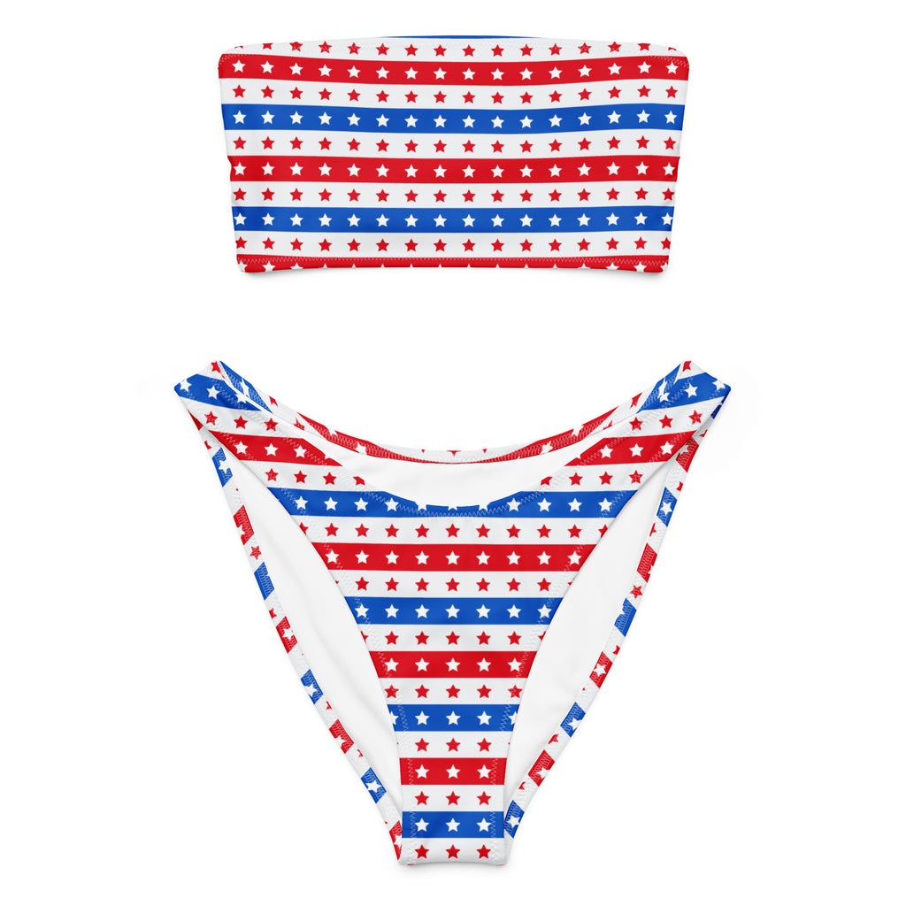 Women’s red white and blue star striped bandeau bikini set made from quick drying recycled fabric with upf 50+ protection