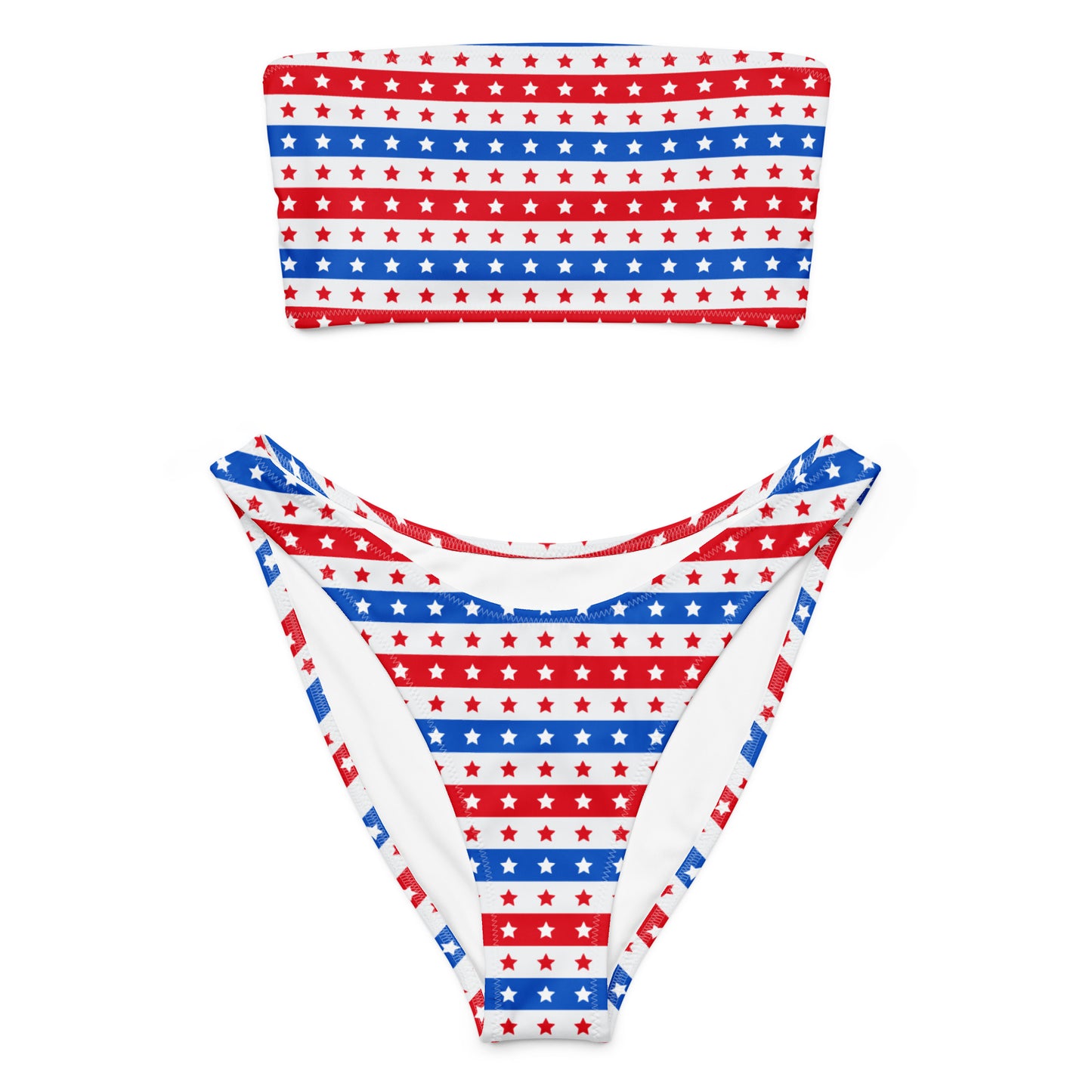 Women's Striped Red White & Blue Striped Star Recycled Bandeau Bikini - Quick Drying Fabric With UPF 50+