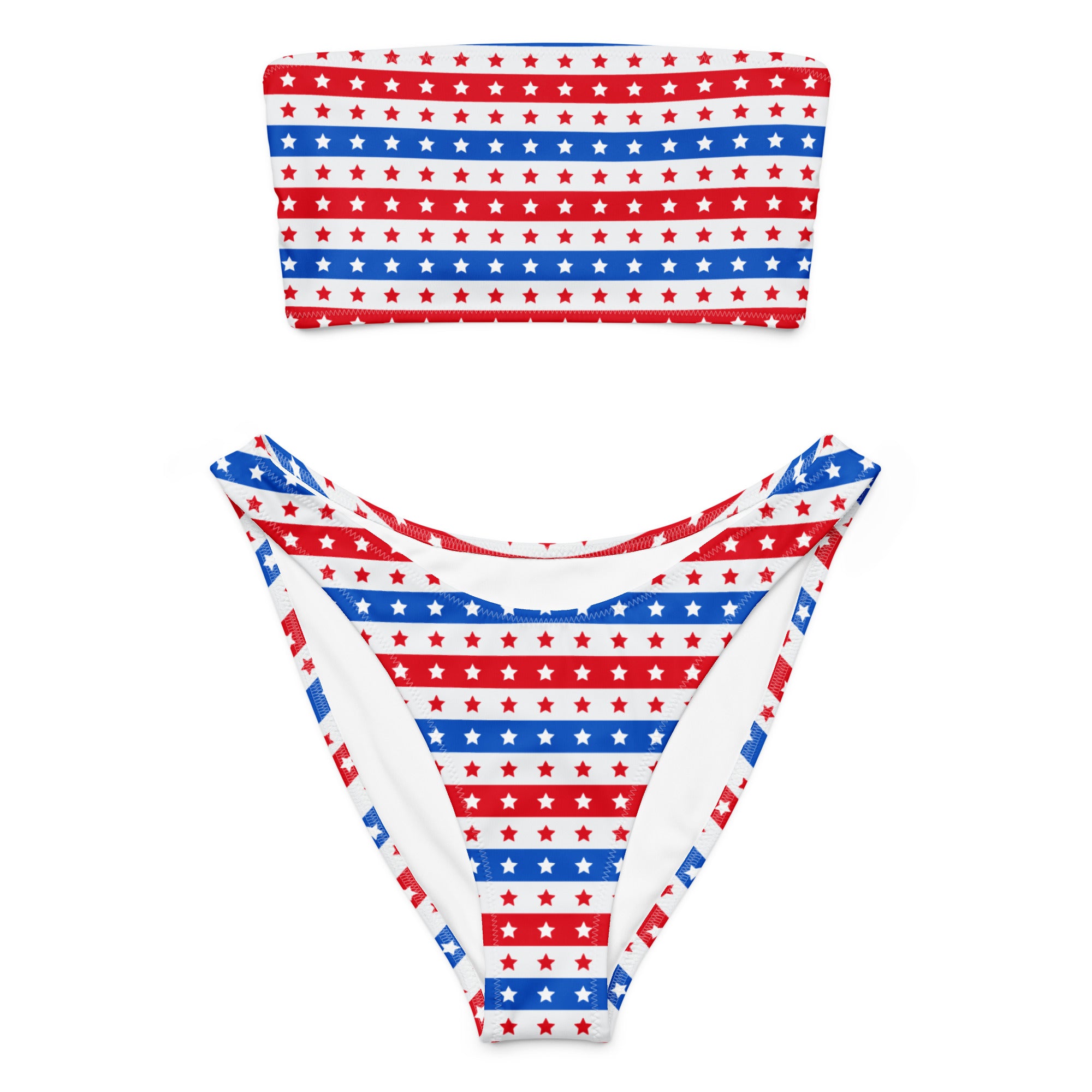 Women’s red white and blue star striped bandeau bikini set made from quick drying recycled fabric with upf 50+ protection
