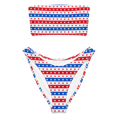Women's Striped Red White & Blue Striped Star Recycled Bandeau Bikini - Quick Drying Fabric With UPF 50+