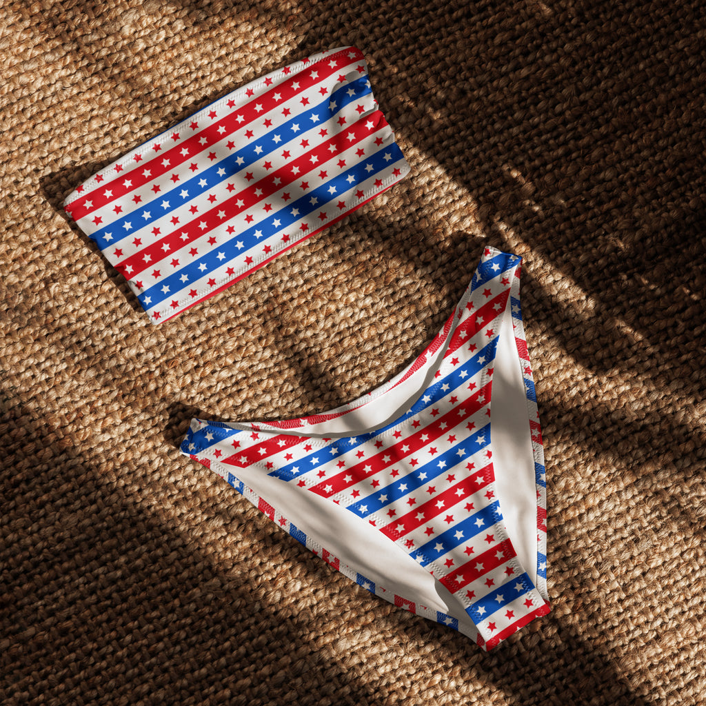 Women’s red white and blue striped star bandeau bikini made from quick drying recycled fabric with upf 50+ protection