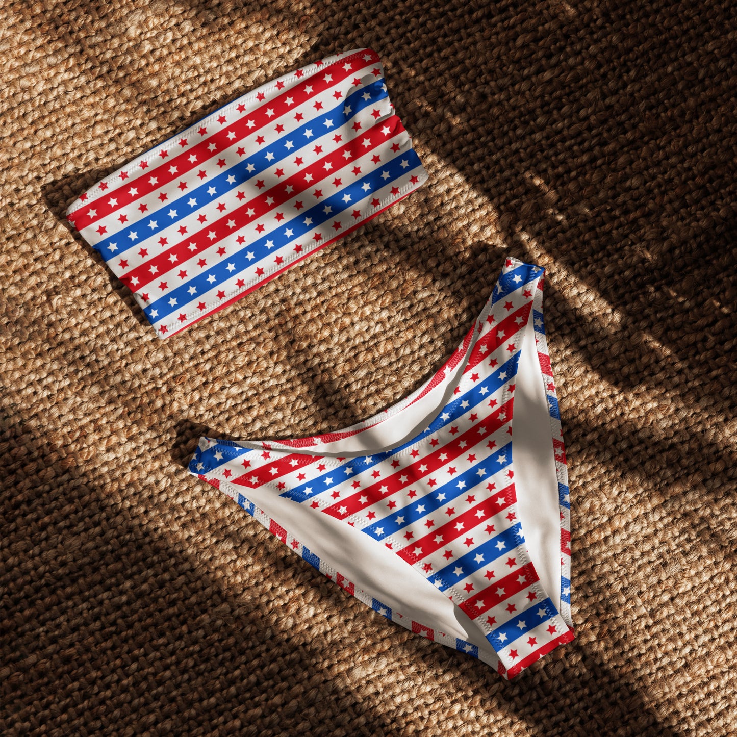 Women's Striped Red White & Blue Striped Star Recycled Bandeau Bikini - Quick Drying Fabric With UPF 50+