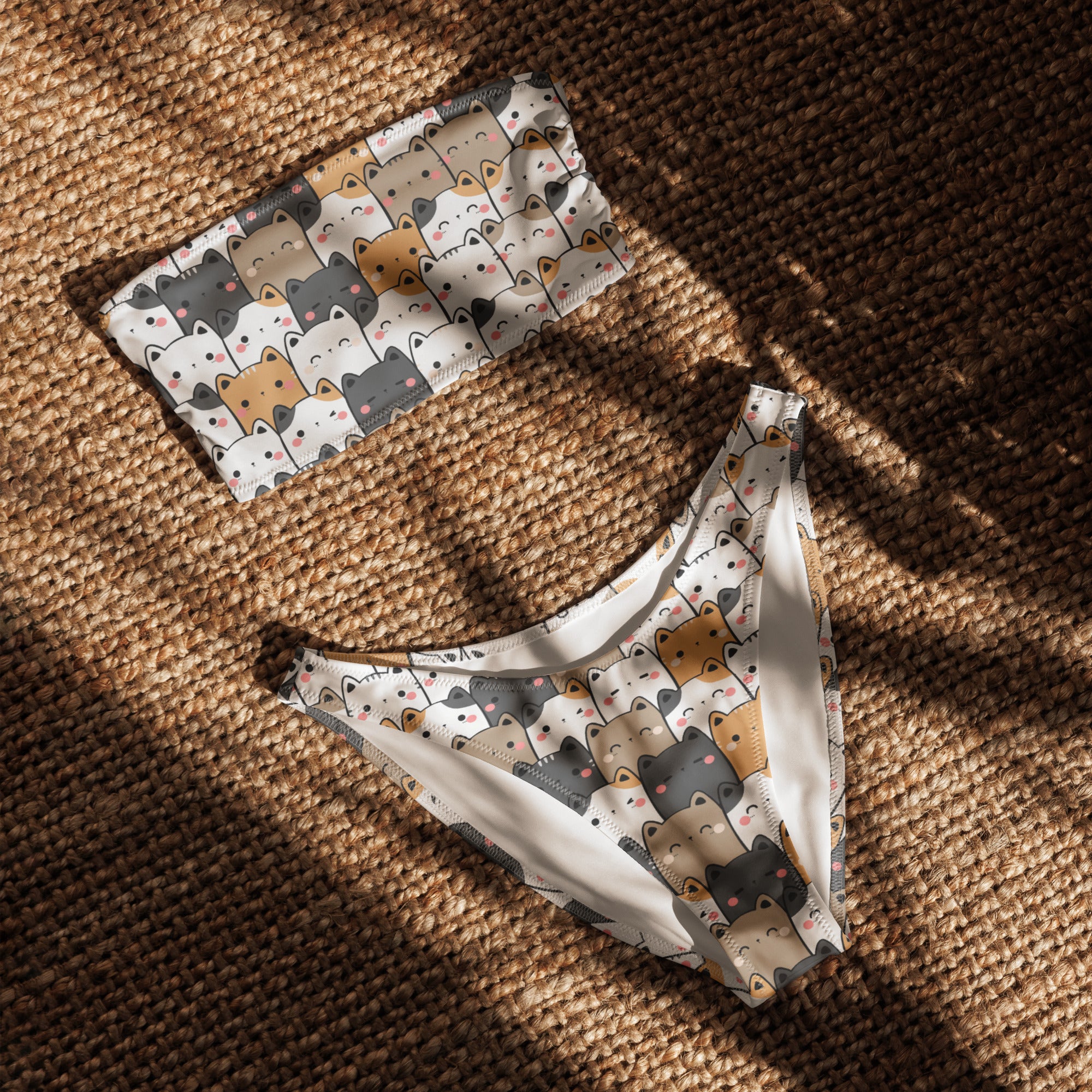 Women's Kawaii Cats Recycled Bandeau Bikini - Quick Drying Fabric With UPF 50+