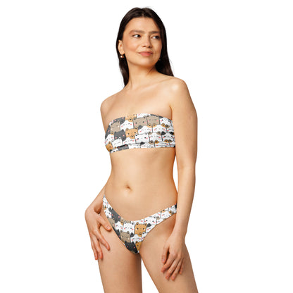 Women's Kawaii Cats Recycled Bandeau Bikini - Quick Drying Fabric With UPF 50+