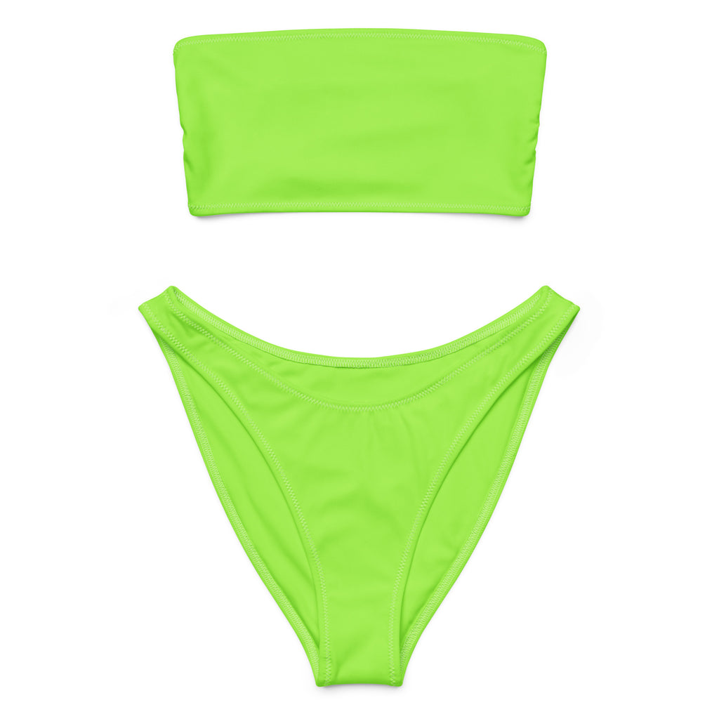 Women’s lime green recycled strapless bandeau bikini set with high-cut bottoms quick drying fabric upf 50 plus