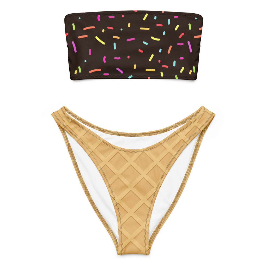 Women's Chocolate Ice Cream Cone Recycled Bandeau Bikini - Quick Drying Fabric With UPF 50+
