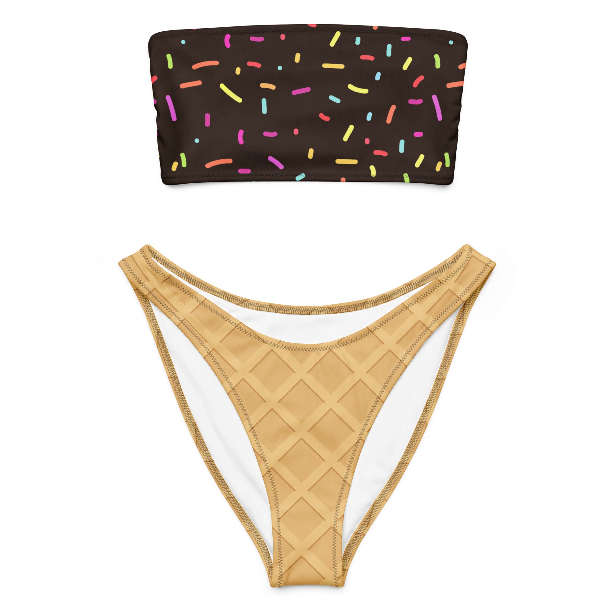 Women's Chocolate Ice Cream Cone Recycled Bandeau Bikini - Quick Drying Fabric With UPF 50+