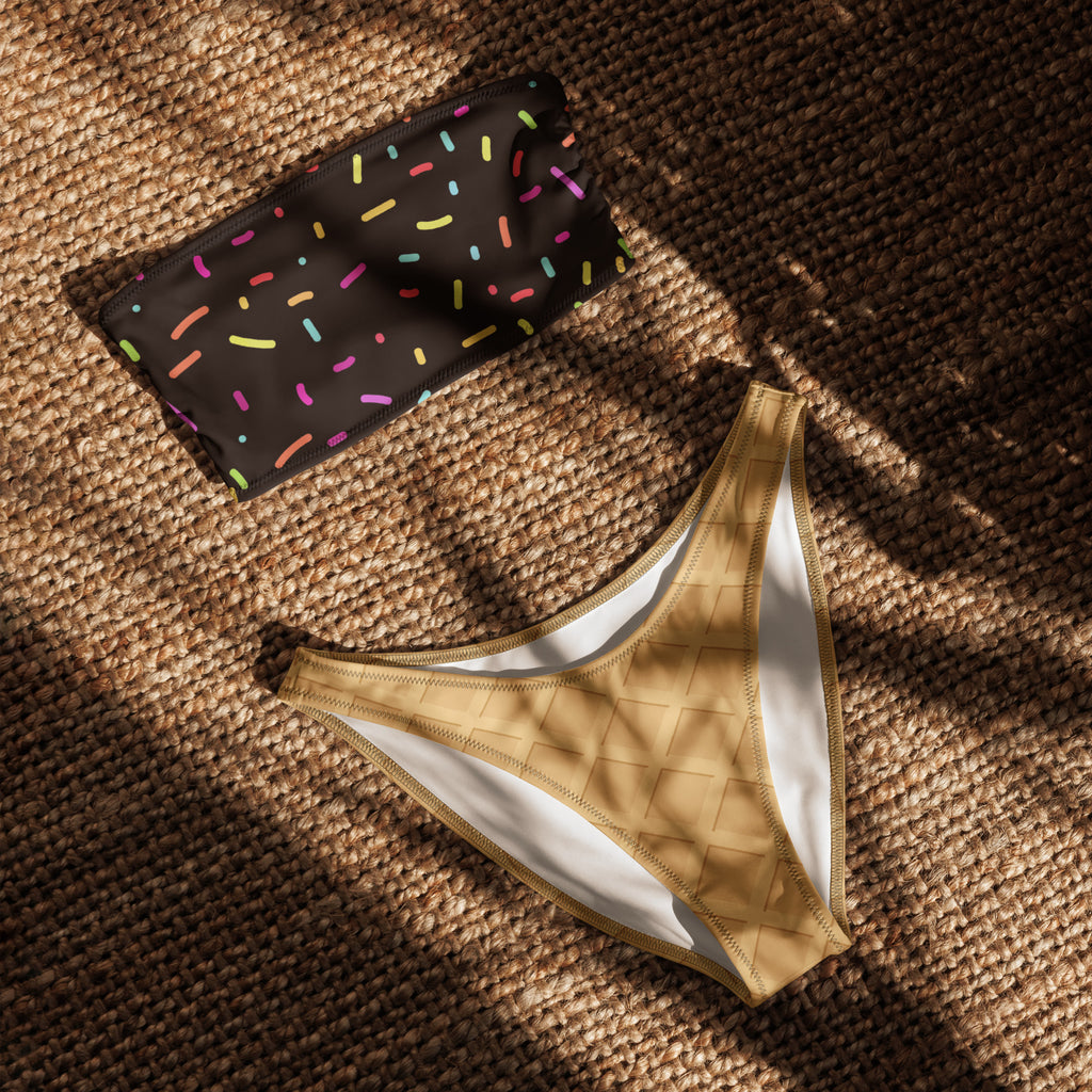 Women's Chocolate Ice Cream Cone Recycled Bandeau Bikini - Quick Drying Fabric With UPF 50+
