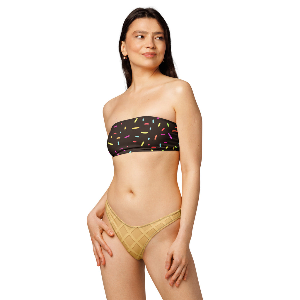 Women's Chocolate Ice Cream Cone Recycled Bandeau Bikini - Quick Drying Fabric With UPF 50+