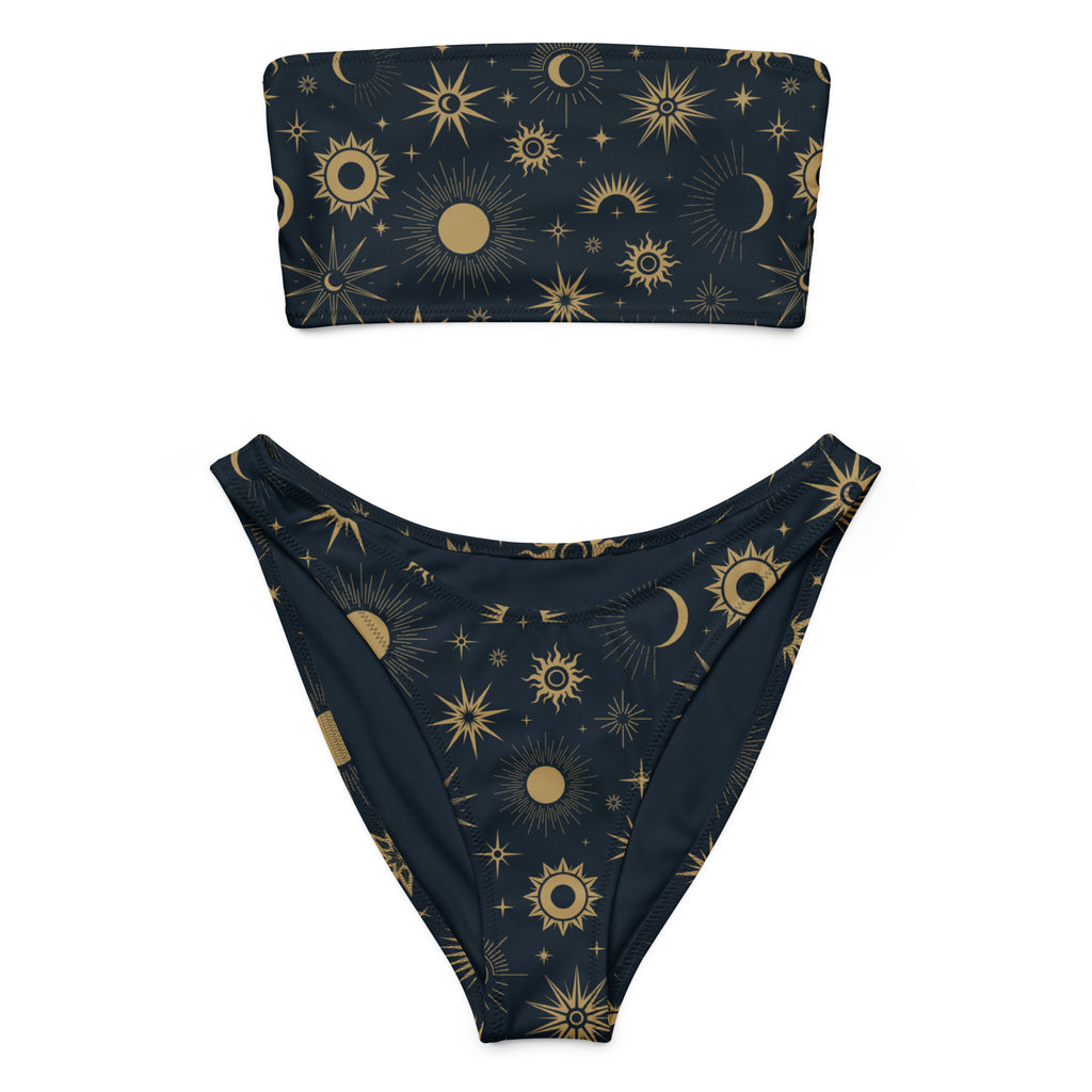 Women’s dark blue celestial sun and moon recycled bandeau bikini set with upf 50 plus quick drying fabric