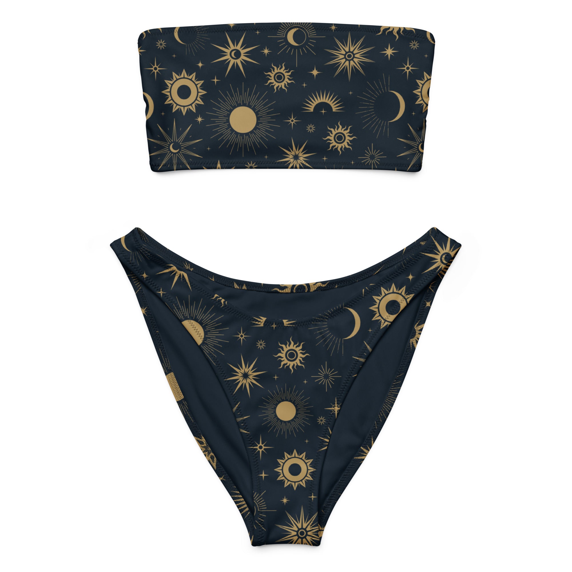 Women’s dark blue celestial sun and moon recycled bandeau bikini set with upf 50 plus quick drying fabric