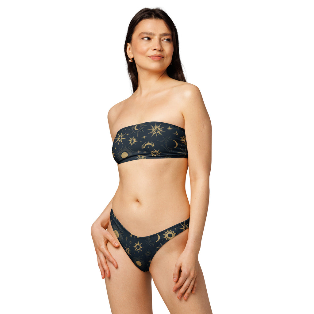 Dark blue strapless recycled bandeau bikini set with golden suns moons and stars quick drying fabric upf 50+