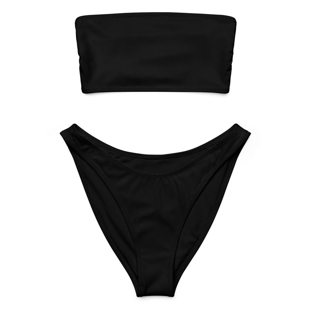 Women’s black recycled strapless bandeau bikini set with high-waisted bottom made from quick drying fabric with upf 50+