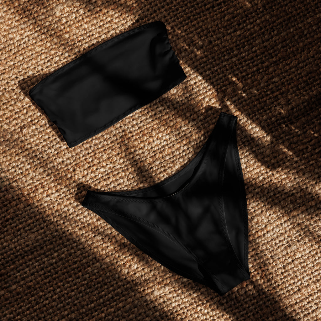 Women’s black recycled strapless bikini set with high-cut briefs quick drying fabric upf 50+