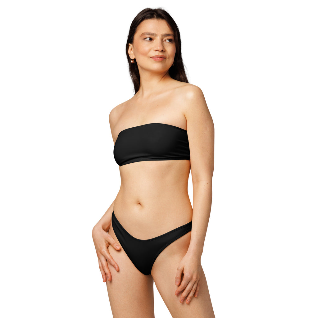 Women’s black recycled bandeau bikini with matching high-waisted bottoms quick drying fabric upf 50+