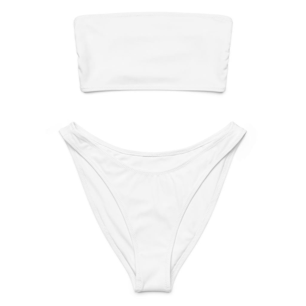 Women’s white recycled bandeau bikini set with high-waisted bottoms quick drying fabric and upf 50+ protection