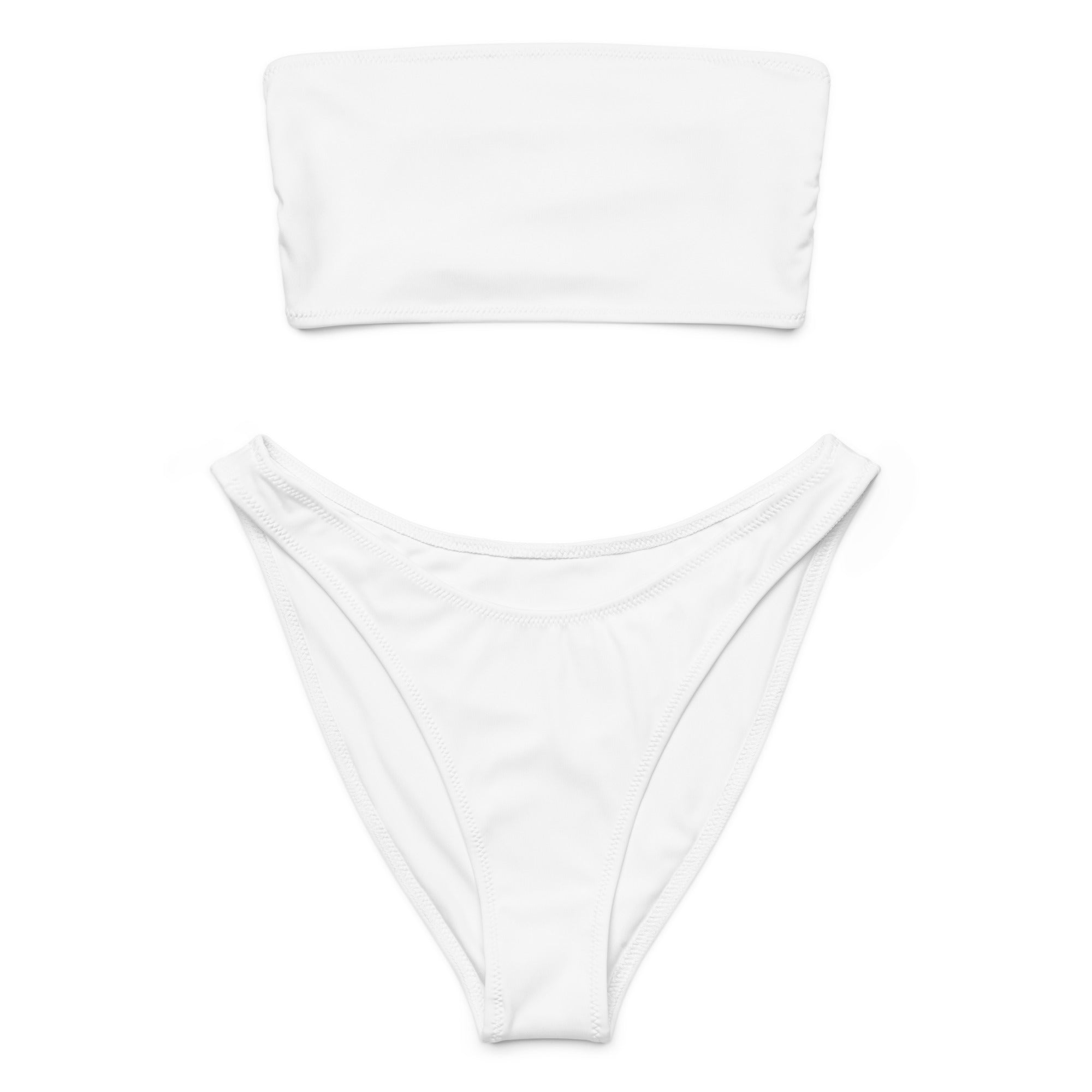 Women’s white recycled bandeau bikini set with high-waisted bottoms quick drying fabric and upf 50+ protection