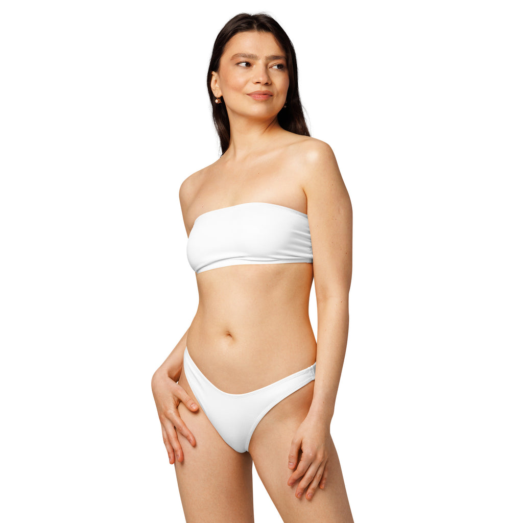 White strapless bandeau bikini top with smooth seamless design made from quick drying recycled fabric with UPF 50+