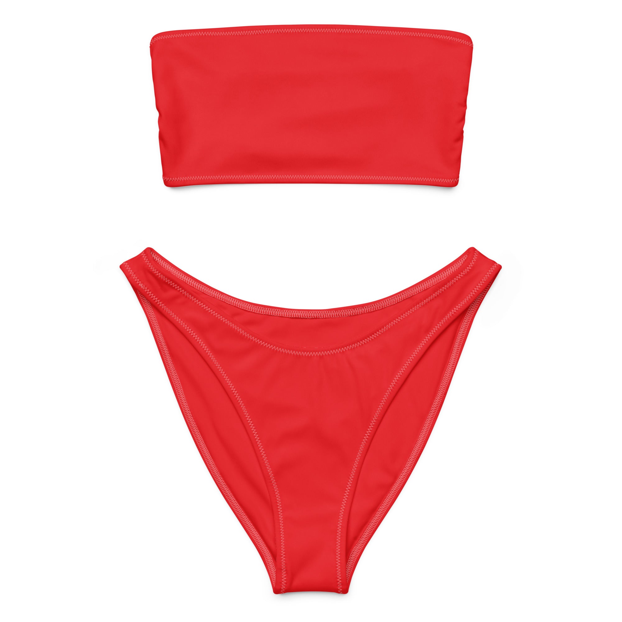 Women’s red recycled bandeau bikini set with high-cut bottoms made of smooth stretchy quick drying fabric upf 50+